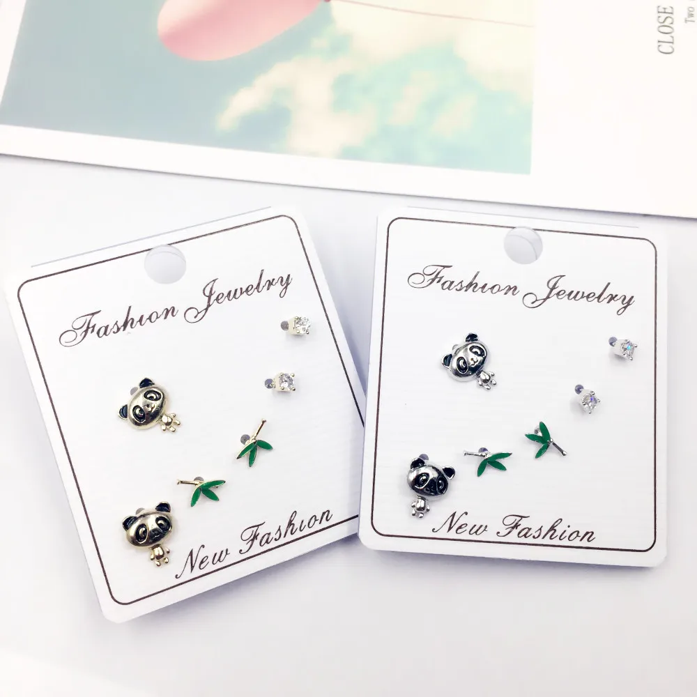 

New 925 Silver Needle Jewelry Fashion Animal Panda Leaf Stud Earrings Set Fashion Cute Zircon Earring Women