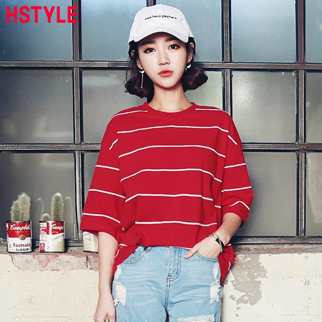 Hstyle 2018 Summer Korean Fashion Striped T Shirt Women Cotton Loose