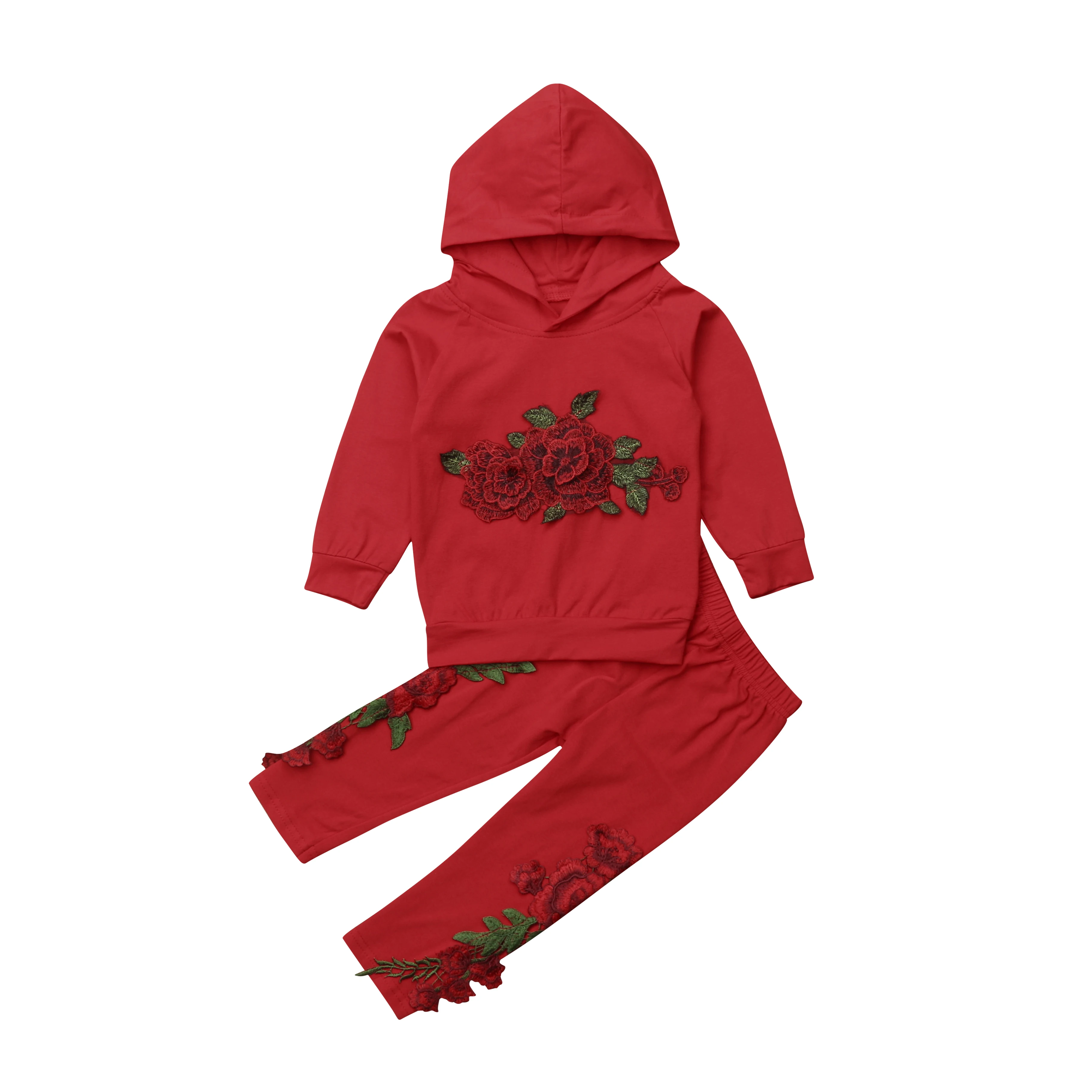 Вышивка Одежда для маленьких девочек 2 шт. Цветочный принт пуловер с капюшоном топы+ длинные брюки, костюм осень 3 цвета - Цвет: Красный