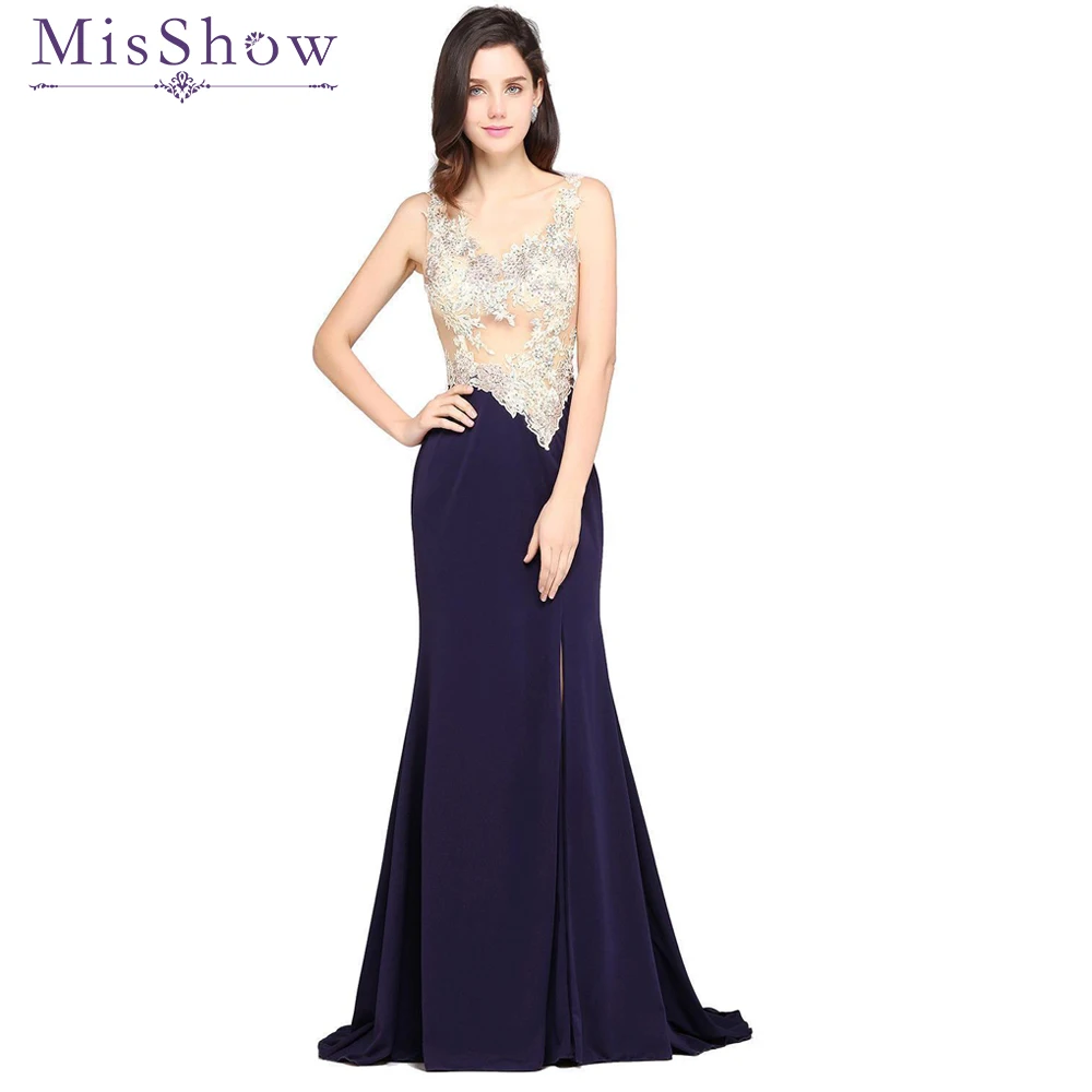 

US size 6 8 10 Navy Blue Long Mermaid Prom Dress Evening Dresses 2018 Sexy See Through Applique High Split Party Formal Gowns