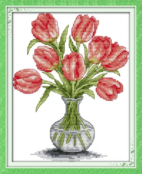 

Tulip vase Flowers Style Cross Stitch set Canvas 11CT Fabric 14CT DMC Embroidery Needlework Printing pattern Cross-stitch Kit