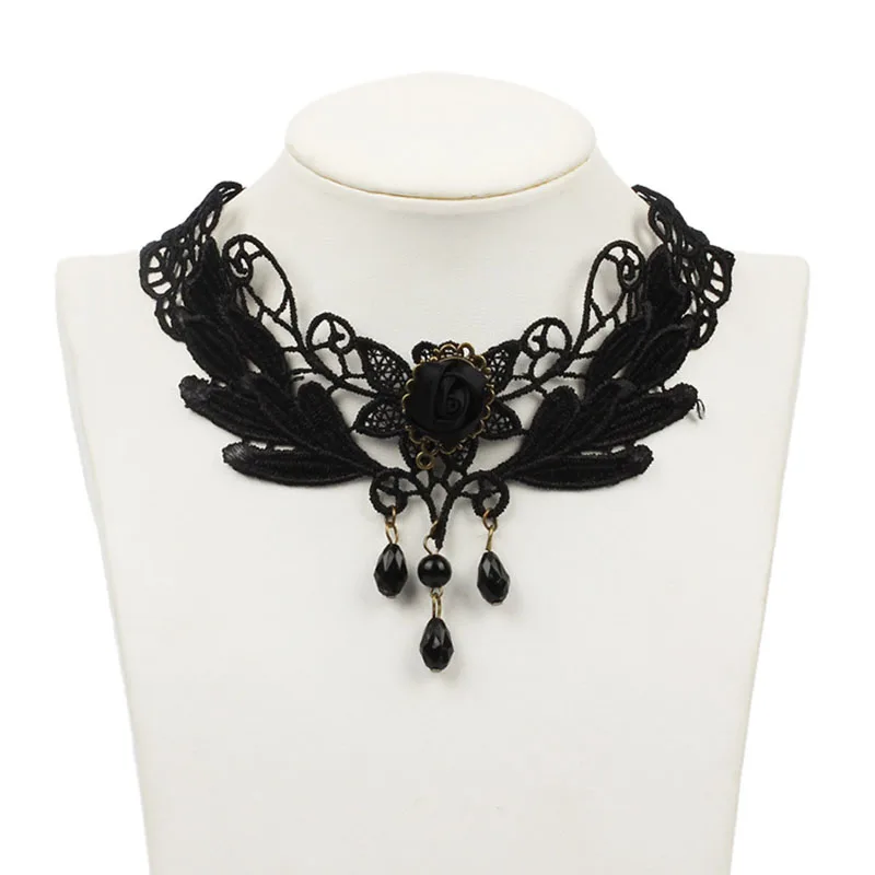 

Indian Flower Design Black Lace with Oval Crystal Clavicle Short Statement Chokers Necklace For Women Girl Shirt Fake Collar