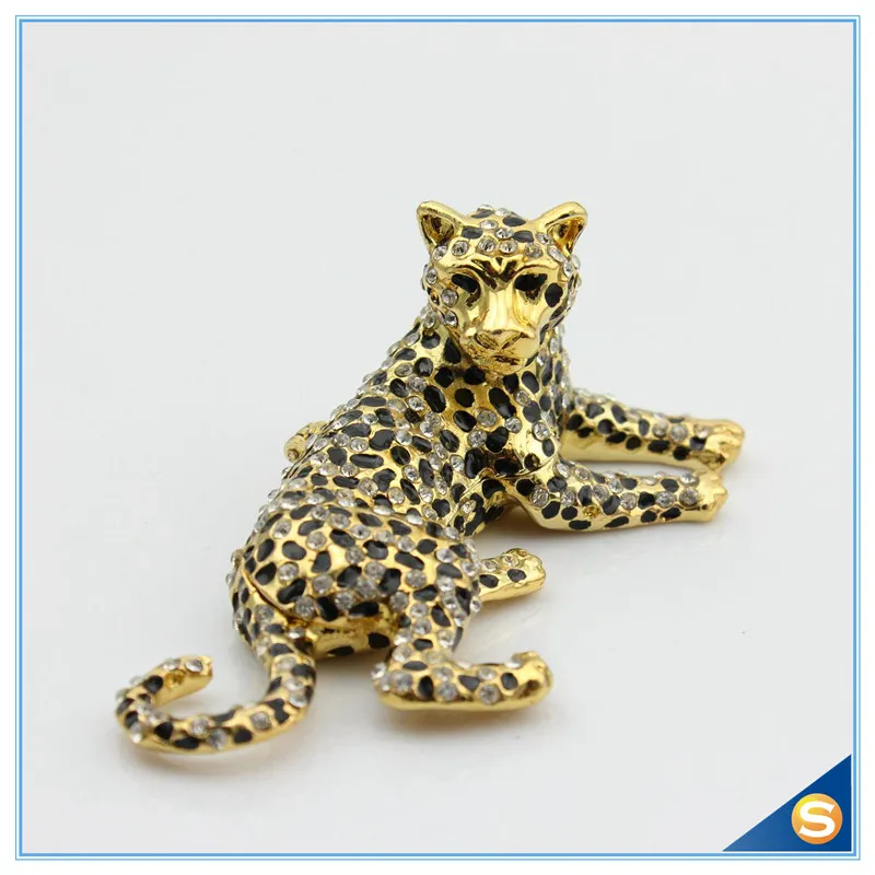 Home Decoration Trinket Box Leopard Shape Jewelry Box Pewter Enamel