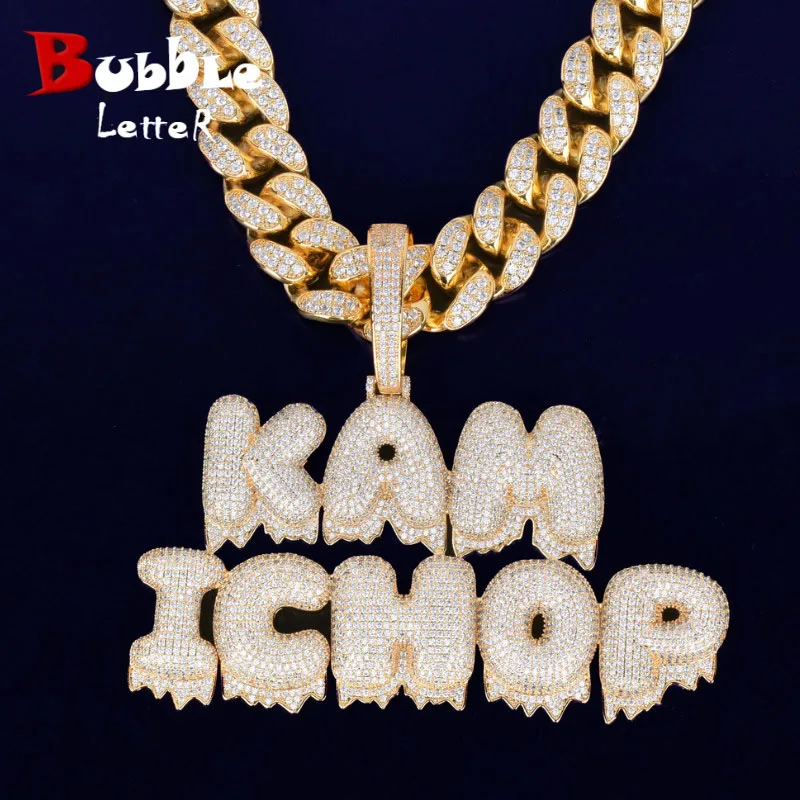 

With 20MM Cuban Chain Custom Name Drip Bubble Letters Chain Pendants Necklaces Men's Zircon Hip Hop Jewelry For Gift