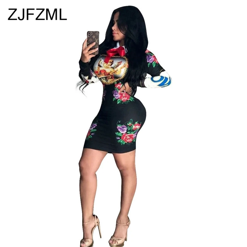 Cute Pattern Printed Peter pan Collar Sexy Women Dresses Long Sleeve Letter Party Dress Femme Club Floral Sheath Mini Robe | Женская