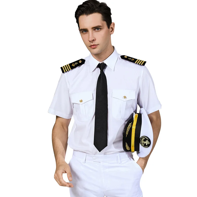 Костюм капитана с короткими рукавами рубашки мужские моряки Униформа красивый эполеты капитан пилот, Авиатор Мужская классическая рубашка