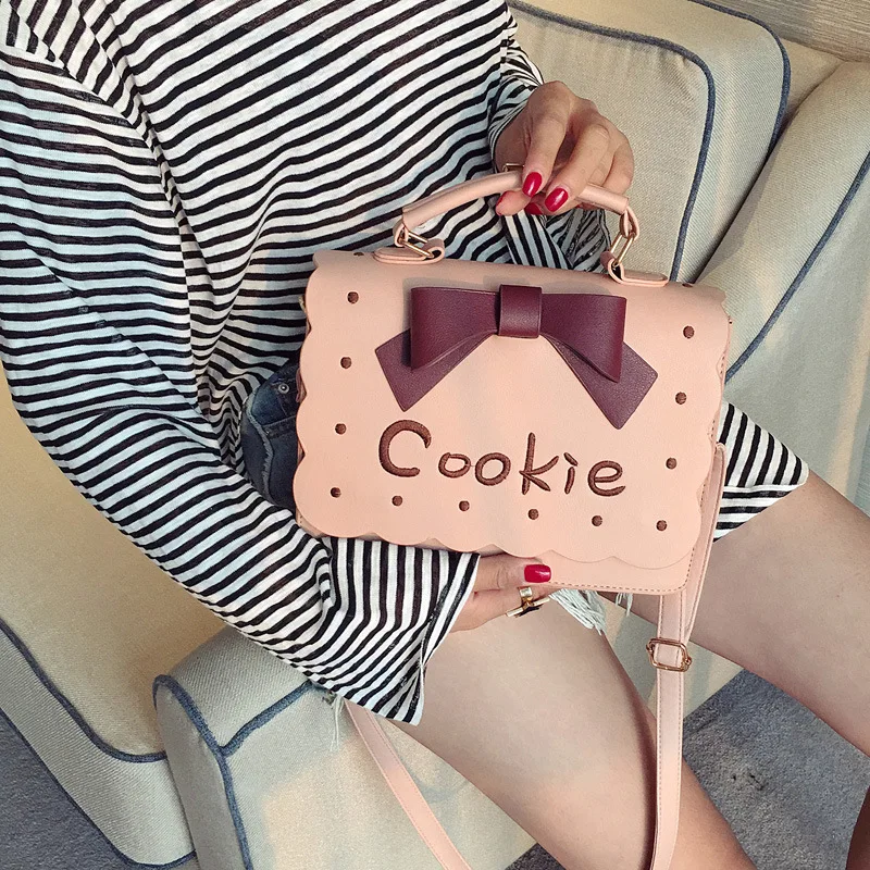

2019 Shoulder Shaped Bag Pink Biscuit Cookie Embroidery Bowknot Handbag Cute Fashion PU Crossbody Messenger Femme Shoulder Bag