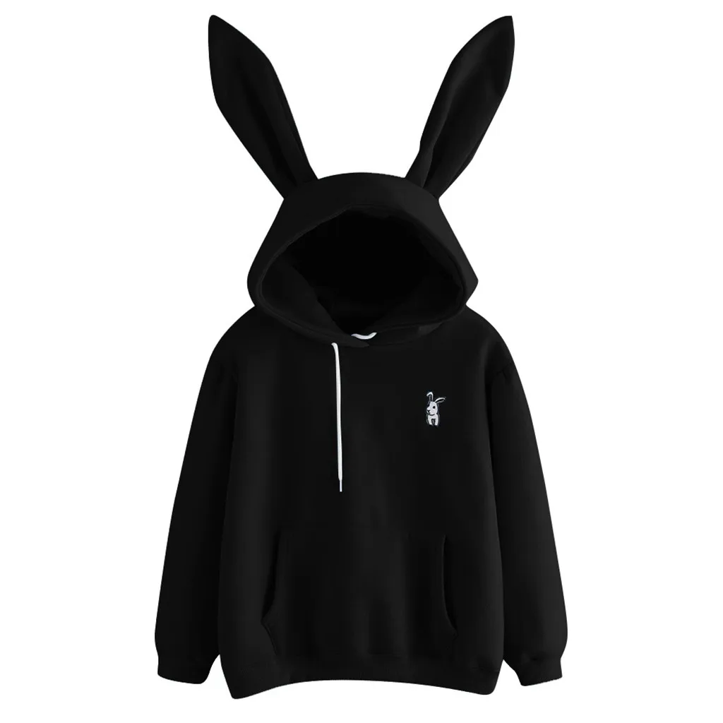 Hoodies Women Long Sleeve Soild Thick Winter Sweatshirt Yellow Pullover Tops Blouse Cute Rabbit Ears Pink Hoody Black Clothes#D