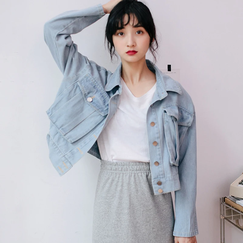 

Oversized Cropped Blue Jean Jackets Women Vintage Long Sleeve Denim Jacket Coat Spring Autumn Casual Loose Chaquetas De Mujer