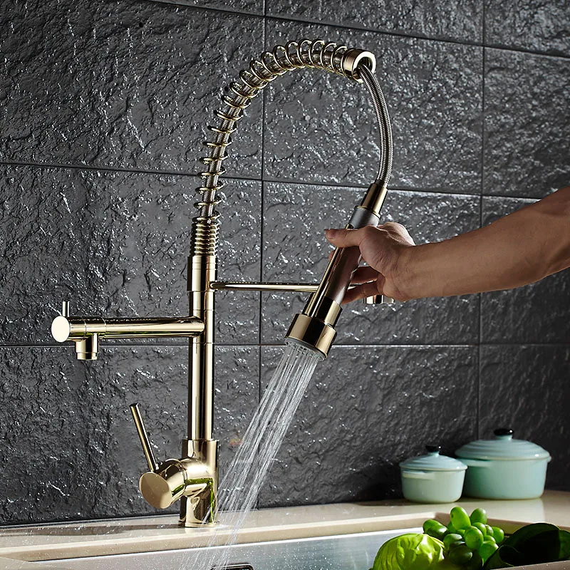Luxury Gold Color New Kitchen Faucet Tap Two Swivel Spouts Extensible Spring Mixer Tap Gold Pull Out Down Kitchen Sink Faucet