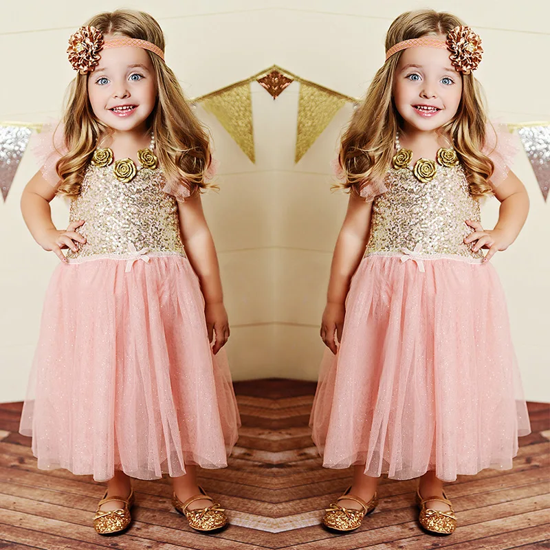 new 2015 pink lace gold sequined princess party dress for
