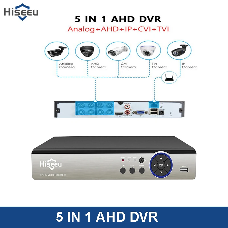 Hiseeu 4CH 960P 8CH 1080P 5 в 1 DVR видеорегистратор для AHD аналоговая камера IP камера P2P Cctv система DVR H.264 VGA HDMI