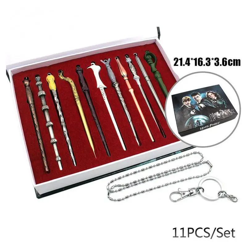 Free Shipping 11 PCS/Set Movie Harry Potter Cosplay Weapon Metal Toy Harry Potter Magical Wand Stick Necklace/Keychain Gifts