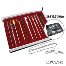Free Shipping 11 PCS/Set Movie Harry Potter Cosplay Weapon Metal Toy Harry Potter Magical Wand Stick Necklace/Keychain Gifts