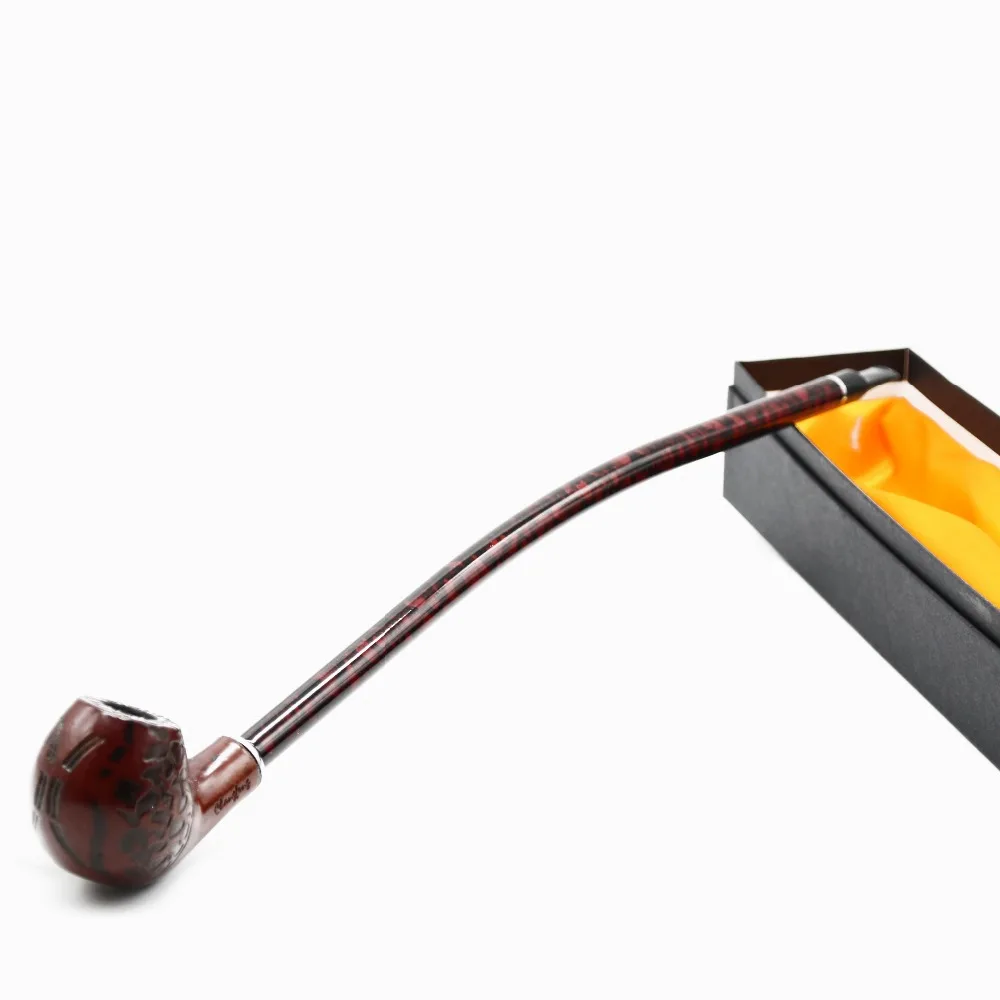 

1Pc Hot Sale Resin Long Pipe Wooden Color Carve Designs Handmade Smoking Pipe With Gift Box Wholesale 8023 Tobacco Herb Pipes