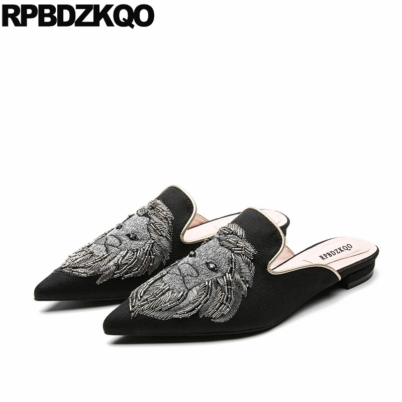 

Mules Women Slippers Summer Flats Handmade Designer Pointed Toe Sandals Slides Embroidery Chinese Embroidered Shoes Black Lions