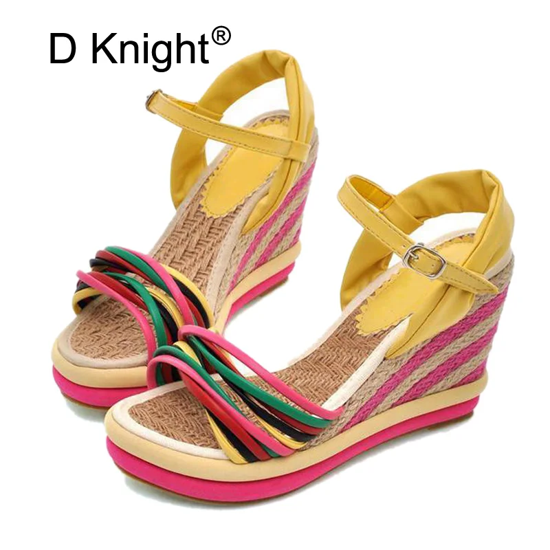 Gladiator Sandals Women 2018 Summer Bohemia Color Block Women Wedges Sandals Straw Braid Platform Wedge High Heel Women Sandals  (17)