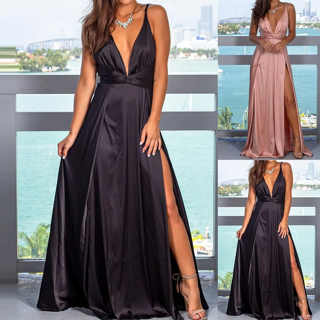 

2019 Dresses Women Fashion Sexy V-Neck Solid Color Sling points Fork Sleeveless Summer Dress vestidos de fiesta de noche #30-35