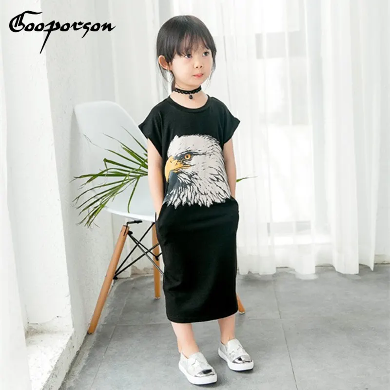 

New Fashion Girls Black Dress For Children Summer Clothes Eagle Printed Casual Dress For 2-7 Years Old Kids Garment Drop Ship
