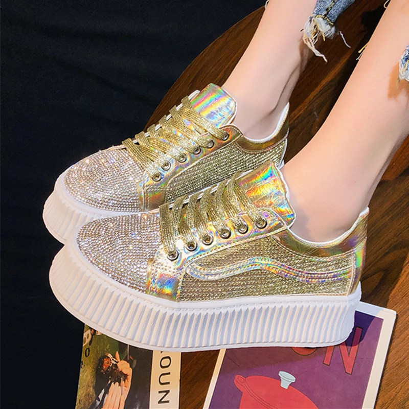 

Summer Mesh Crystal Women Platform Sneakers Breathable Flat Platform Fashion Casual Shoes Woman Lace Up Women Creepers XZ146