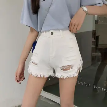 

Summer new loose high waist hole denim shorts