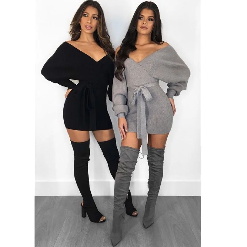 

Sexy Off Shoulder Knitted Sweater Dress Women 2018 V Neck Autumn Winter Long Sleeve Backless Bodycon Dress Elegant Party Dress