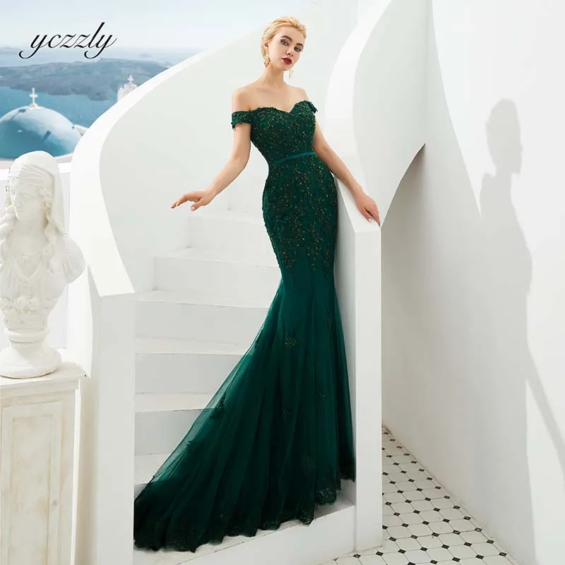 

Sexy Off-shoulder Lace Appliques Sequined Mermaid Evening Prom Dresses Plus Size Green Evening Dress Long Robe Soiree