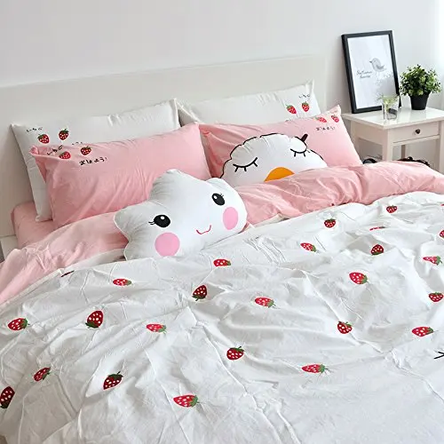 

WINLIFE Strawberry Embroidered Bedding Set Japanese Style Duvet Cover Set