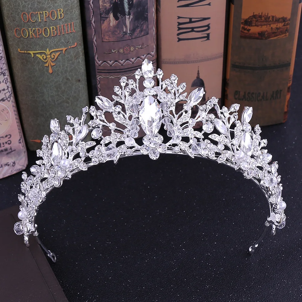  KMVEXO Luxury Rhinestone Beads Heart Bridal Tiara Crown Silver Crystal Diadem Veil Tiaras Wedding H