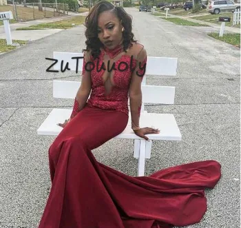 

Dark Red South African Evening Dress High Neck Lace Long Sleeves Black Girls Mermaid Prom Dress For Women Plus Size Evening Gown
