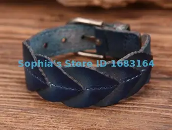 

G83 Blue Delicate Leaf Texture Top Grain Cow Leather Wristband Bracelet Cuff Mens