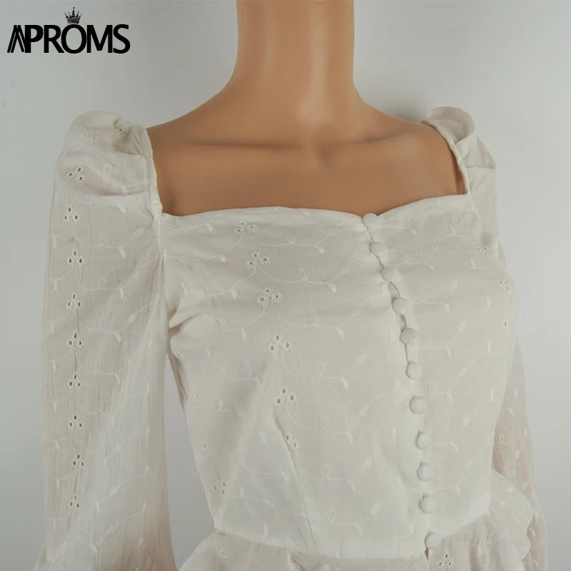 Aproms Sexy Square  Neck Long Sleeve Lace Crochet Blouse Shirt Women Button Down White Crop Tops Summer High Street Blusas 2020