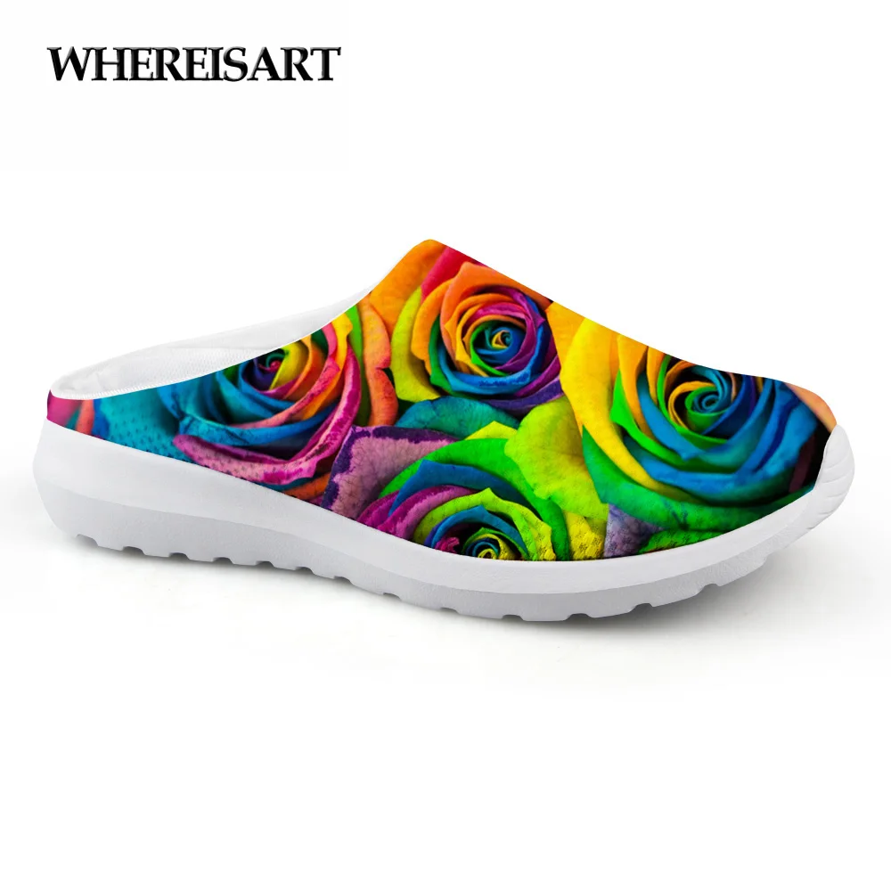 

WHEREISART Women Shoes Summer Sandals Colorful Flower Printed Mesh Slippers Breathable Female Indoor Home Slides Ladies Mules