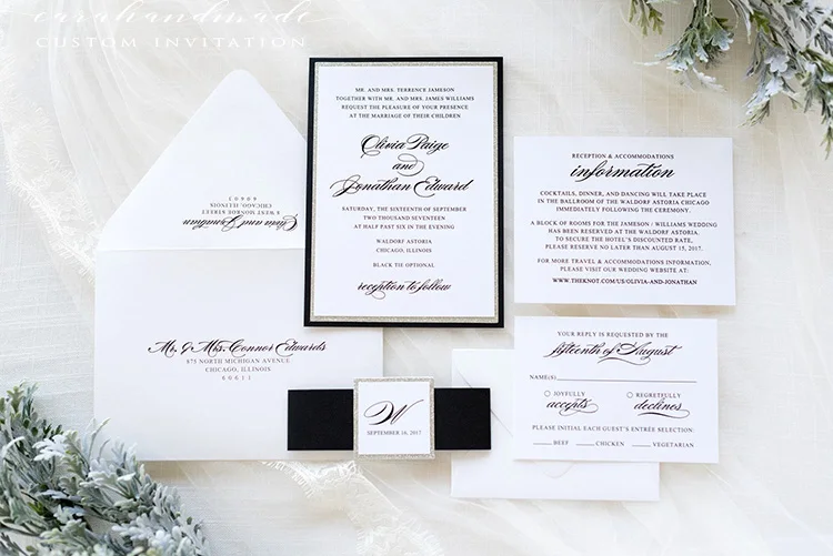 Черный, белый, серебряный Блестящий Свадебный пригласительный и открытка RSVP люкс-элегантный, гламурный, формальный-люкс Soliloquy CA0956