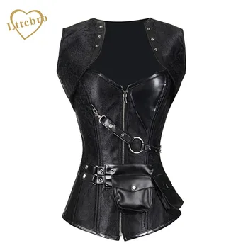 

Steel Boned Steampunk Overbust Corset with Jacket and Faux Leather Belt Retro Goth Brocade Vintage Stea Bustiers Corsets Cincher