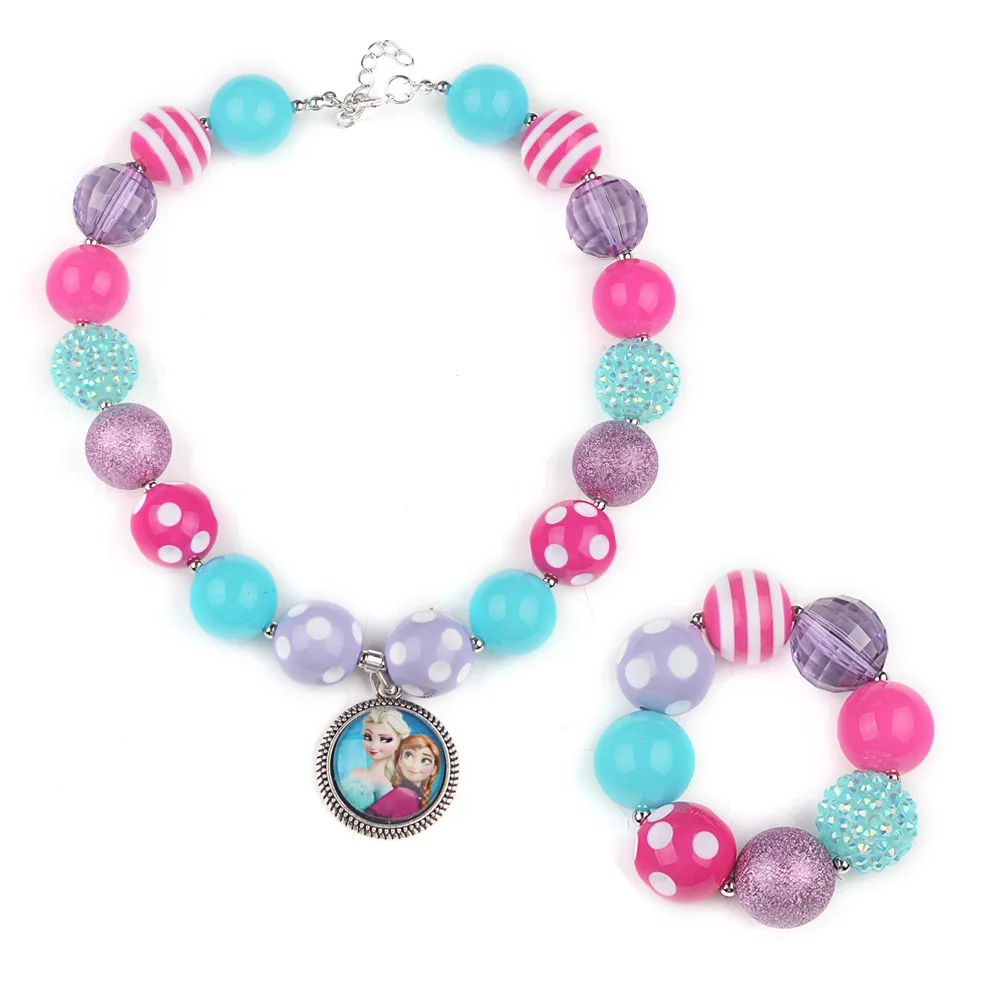 

Fancy Presents For Baby Girls Princess Elsa Anna Charm Pendant Chunky Bubblegum Necklace Bracelet Sets Infants Jewelry Set