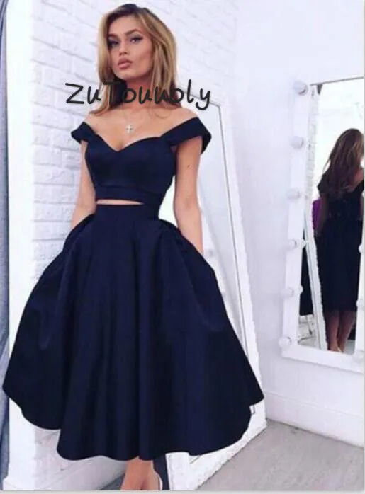 Сексуальное вечернее платье из двух частей с открытыми плечами темно синее