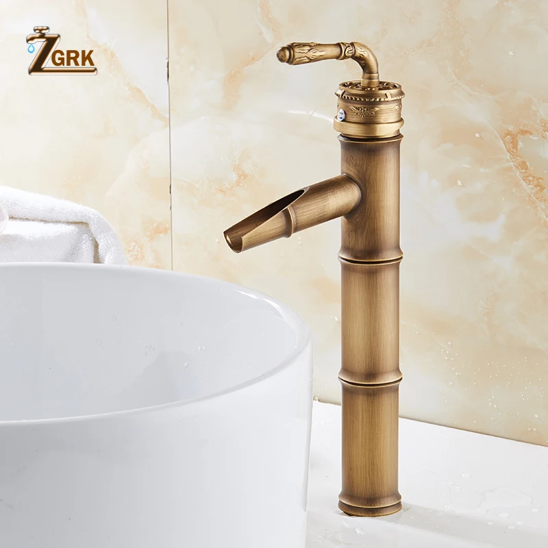 

ZGRK Bathroom Basin Faucets Bamboo faucet Hot Cold Mixer Taps Classic Single Handle Antique Brass Deck Mounted Sink