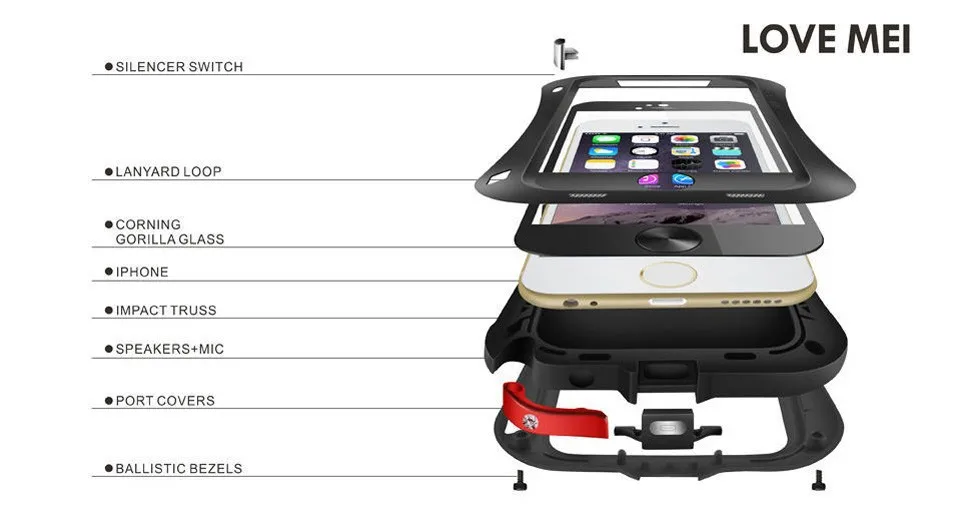 LOVEMEI грязеотталкивающие противоударные металлические алюминиевые чехлы с Gorilla glass для iPhone 6/6s Plus сверхмощные защитные чехлы