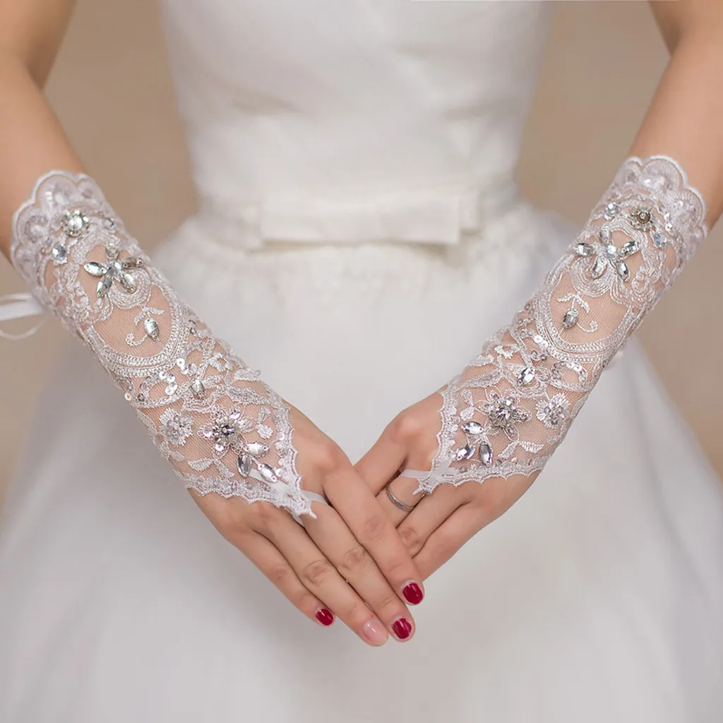 

2019 Top Sell Trendy Women's Fingerless Gathered Lace Sequined Satin Bride Party Gloves Breathable Bow Gloves for Women party @3