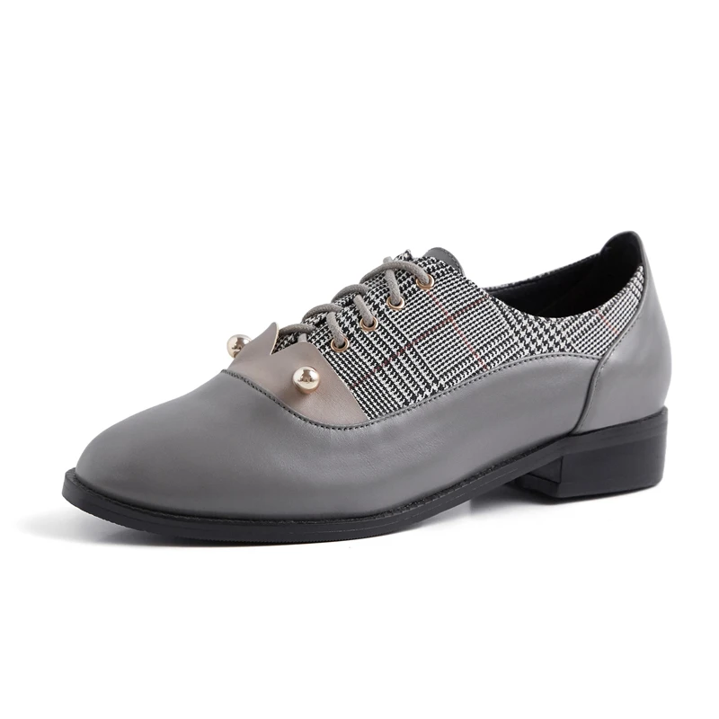 

Women Genuine Leather Oxford Shoes Ladies Flats Brogue Lace Up Round Toe Brown Grey 2019 New Fashion Free Shipping