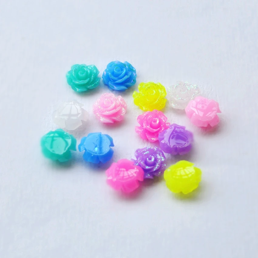 

For Phone/Wedding /Craft Embellishments 11mm 100pcs/Lot Sparkle Color Mixed Cute Resin Rose Flower Flat Back Appliques