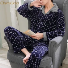 Пижама Мужская зимняя фланелевая клетчатая печать утолщение плюс бархат с длинными рукавами домашний костюм пижамы