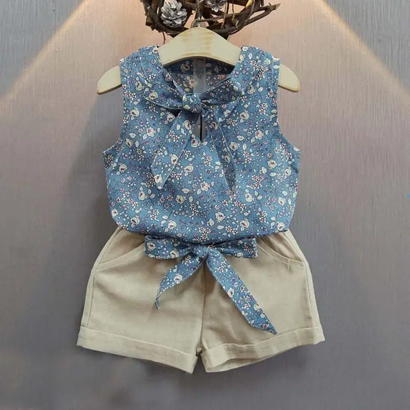 

2018 New Summer Toddler Kids Baby Girls Floral Bowknot Vest T-Shirt+Shorts Outfits Clothes Set kids clothing babyl clothes