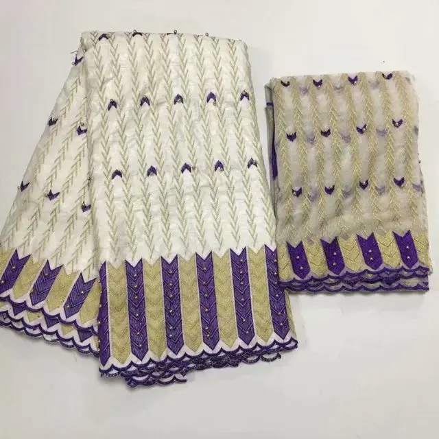 white Color Bazin Riche Brode Lace Fabric With 2 Yards Net Blouse Beaded Embroidery Gold Line Guipure African Beads | Хобби и