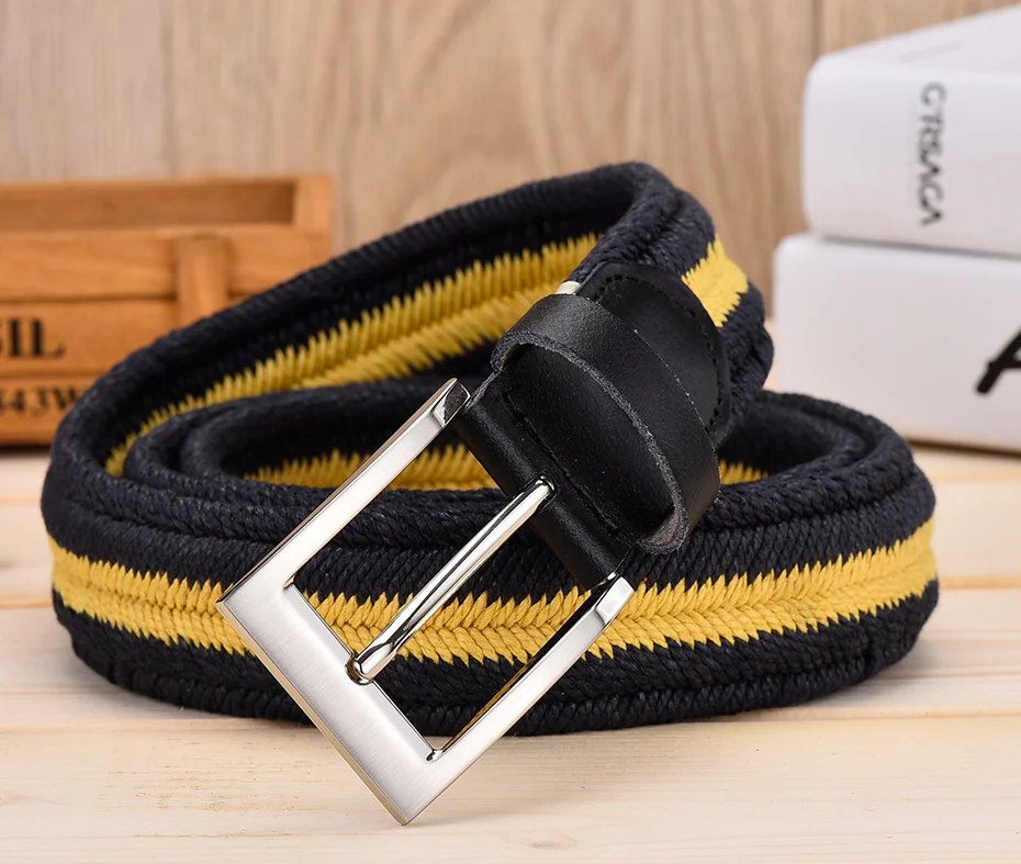 Men Leather Belt For Elastic Rope Wax Canvas Braided Woven Stretch Long Waist Belt 3.5 CM Cowskin Belt Top Tip For Men 95-160 CM blue leather belt