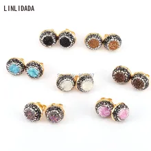 8 пар разноцветных титановый кварц камень серьги гвоздики, золотой цвет, стразы круглой формы драгоценные камни серьги