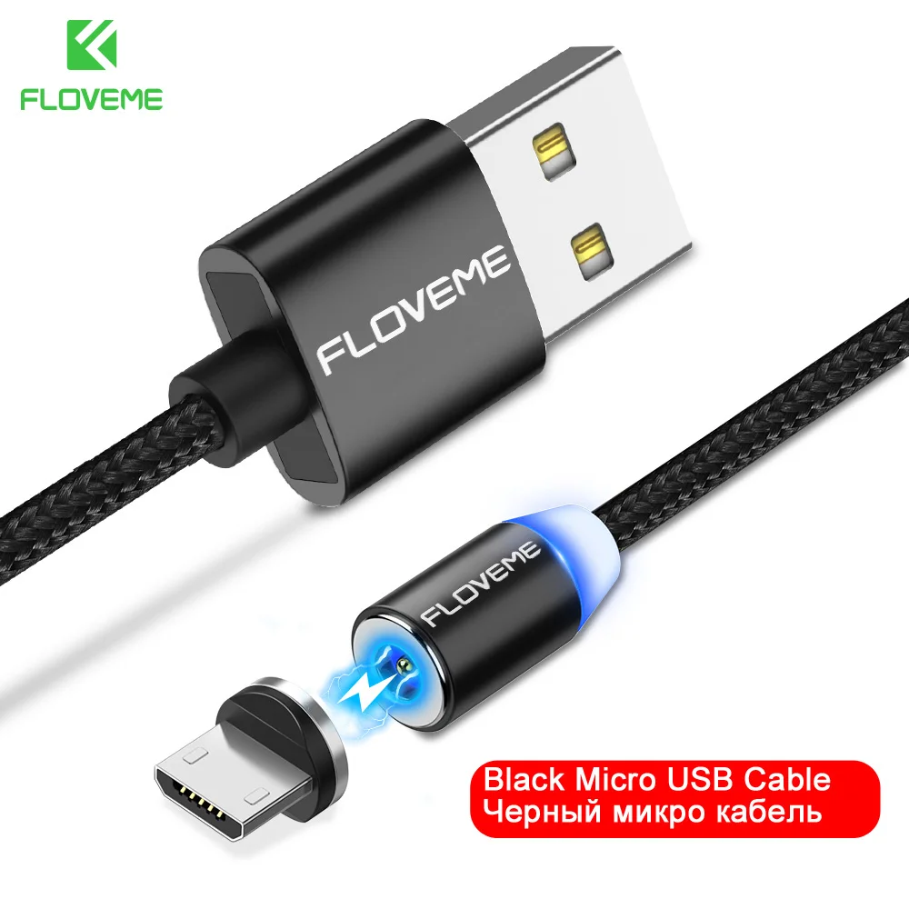 FLOVEME 1 м Магнитный USB кабель, СВЕТОДИОДНЫЙ Магнитный зарядный кабель Micro USB для iPhone X 7 6 5 для samsung Galaxy S8 S9 type C - Цвет: Black Micro