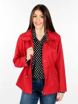 

MISS ALESS spring summer woman hooded windbreaker red solid fashion jacket drawstring defined waist woman jacket loose coat