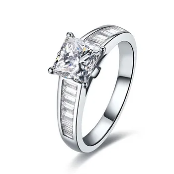 

7*7 Princess 2CT Remarkable Solid White Gold Engagement Ladder Side Synthetic Carbon Ring Princess Women Wedding Ring Jewelry